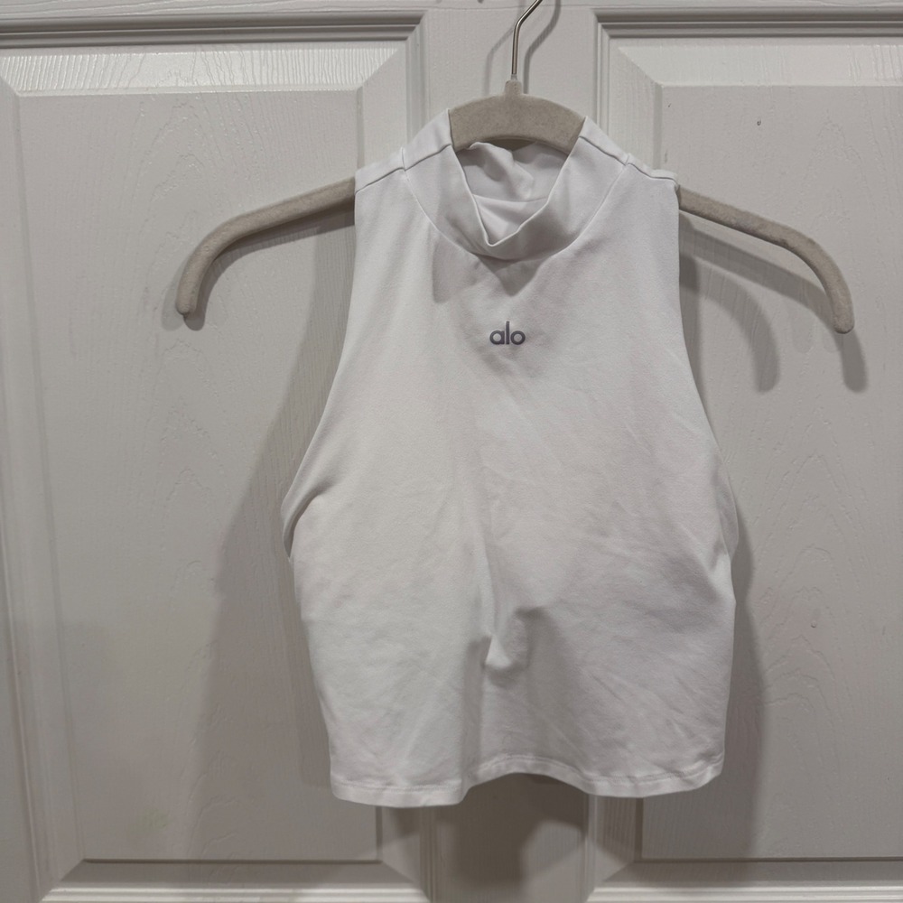 Alo Yoga White Mock Neck Racerback Cropped Tank Top with Shelf Bra